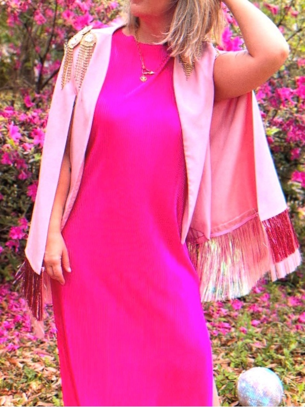 Cosmic Collective Blazer cape in green w/pink fringe - Picture 9 of 11
